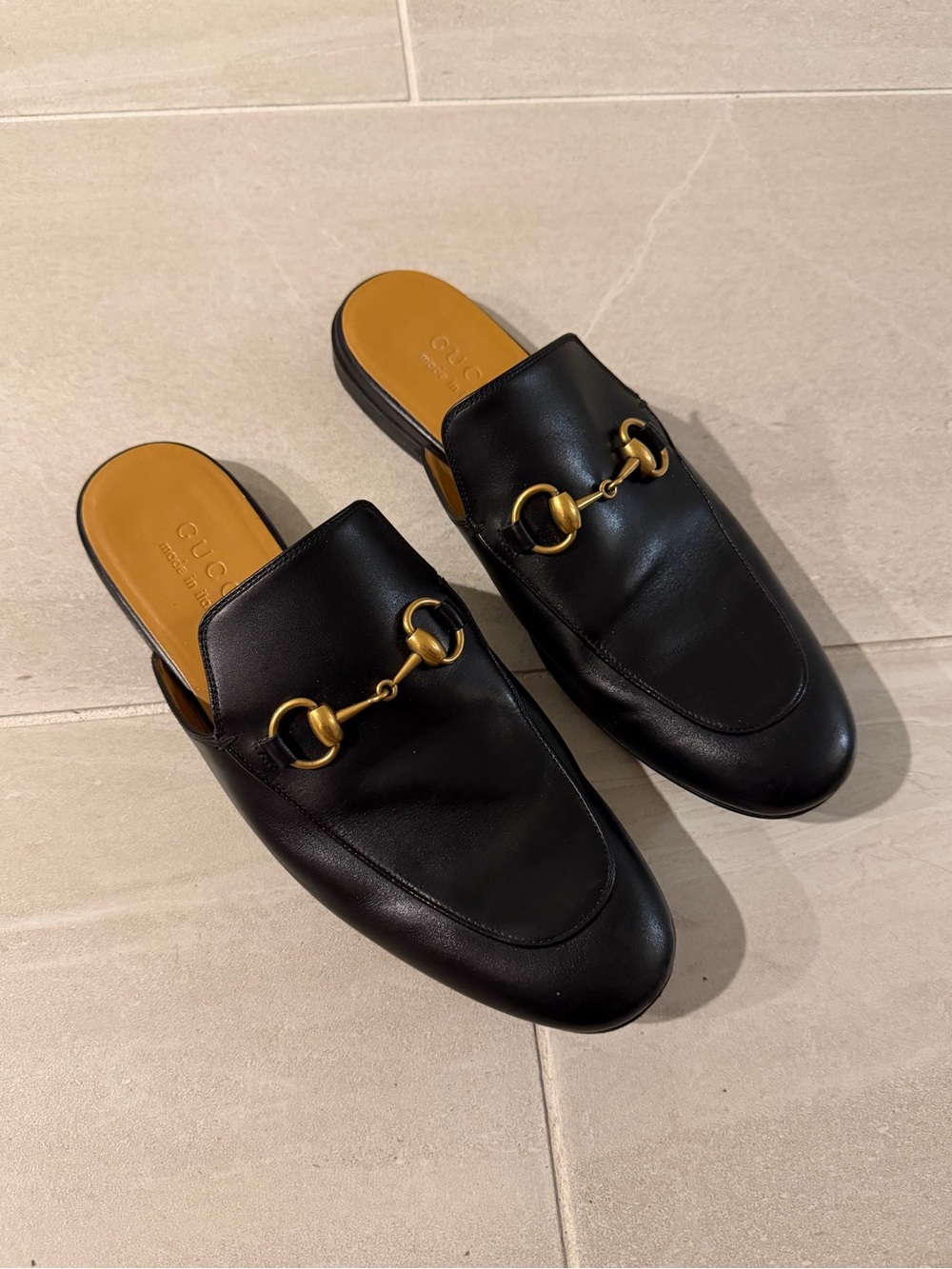 Gucci Princetown Black Leather Horsebit Slip-On Mules with Tan Insole